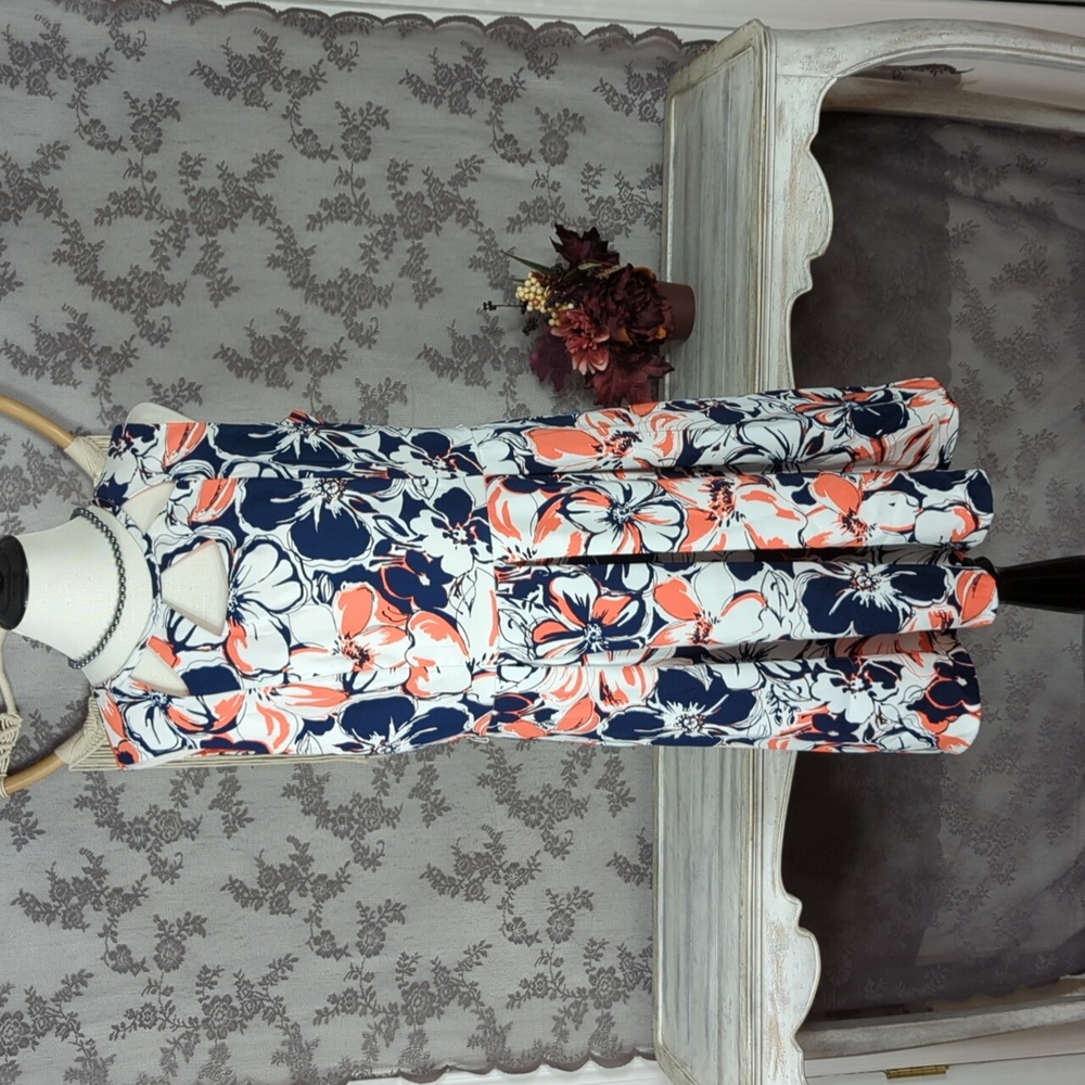 Dress Barn white blue and orange floral cutout neckline dress